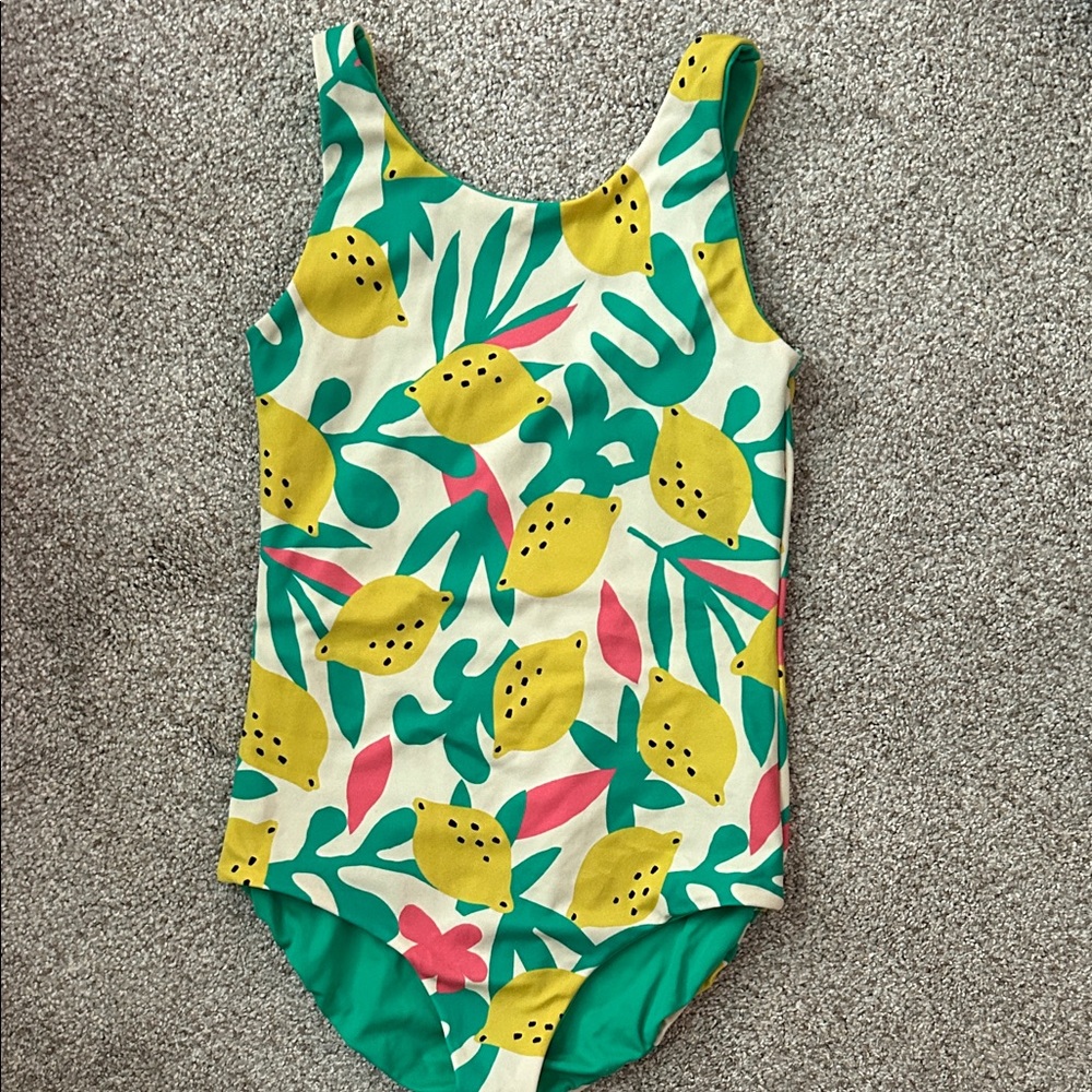 Hanna Andersson Yellow Lemon Print One-Piece Swimsuit with Green & Pink Accents